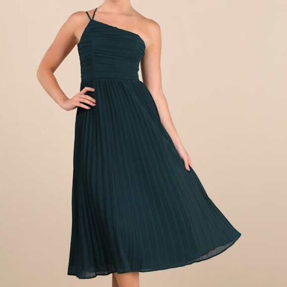 Lulus Dresses & Skirts - Lulus Wondrous Muse Emerald Pleated One-shoulder Midi Dress Green - Size XS